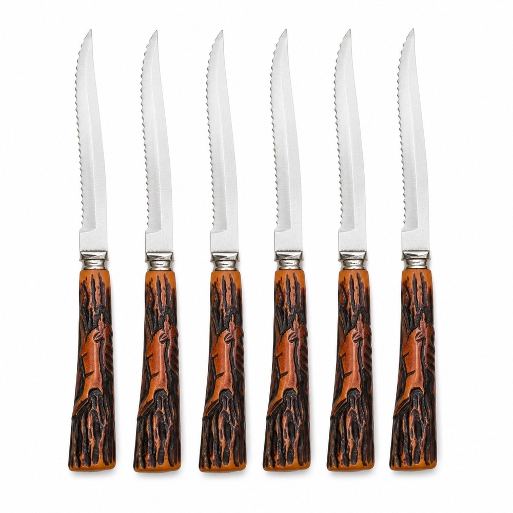 Forgecraft Vintage Steak Knife Set 6pc 8.5in Stainless Faux Stag Horn Excellent